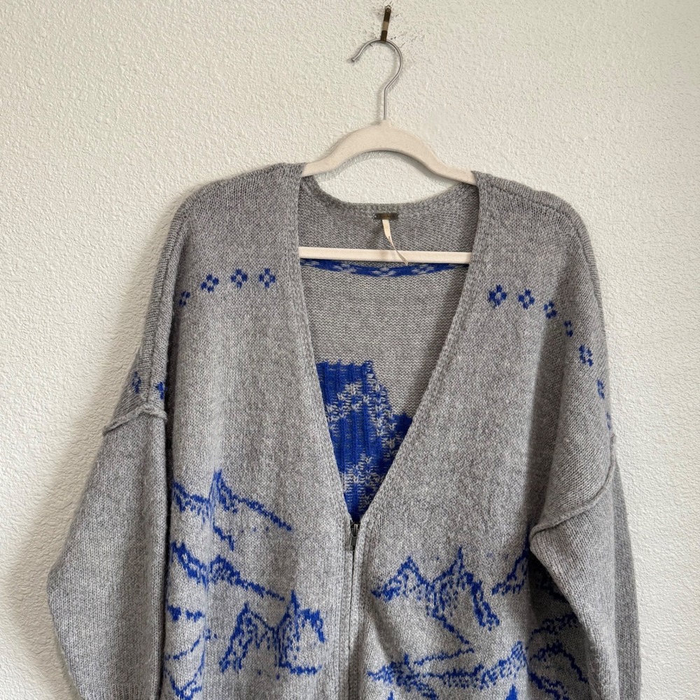 Free People Mountain Moose Zip Up Oversized Cardigan Gray Gorpcore Cabin Woods - Picture 2 of 10